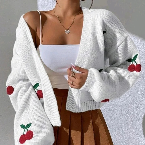 Cherry Pattern Drop Shoulder Duster Cardigan - Picture 1 of 7